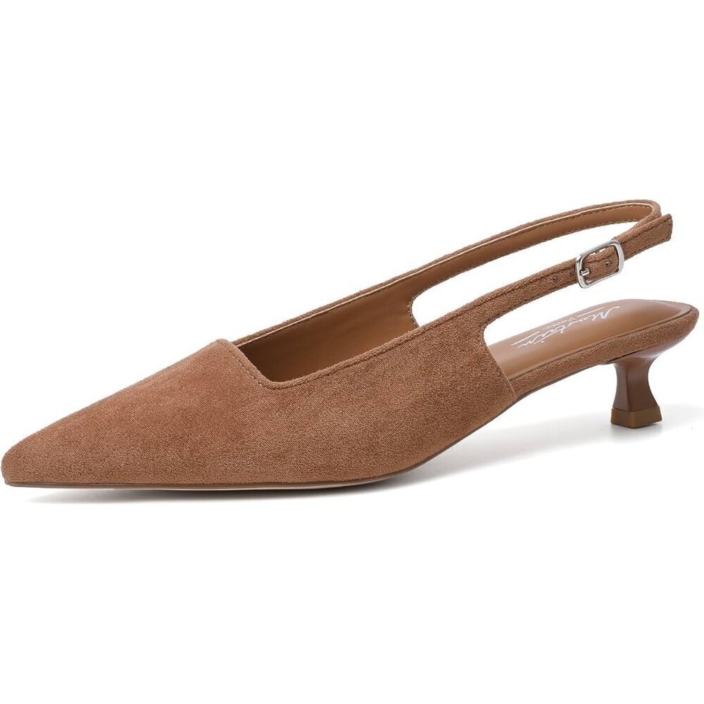 Women's Brown Suede Pointed Closed Toe Slingback Kitten Heels Pumps Party Shoes